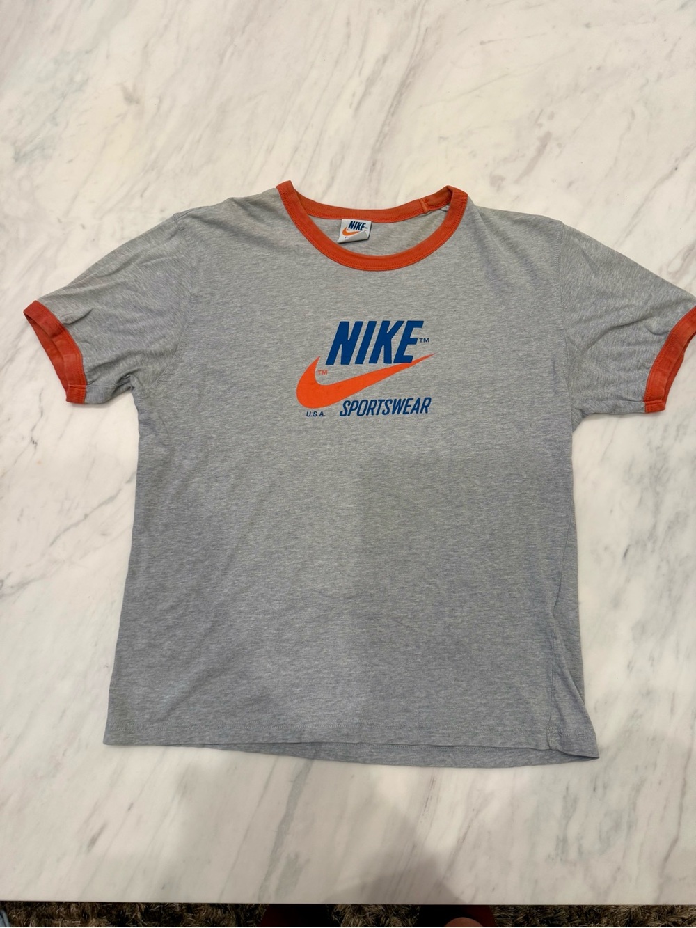 Vintage Nike mens Gray & Orange Sportswear Ringer Tee